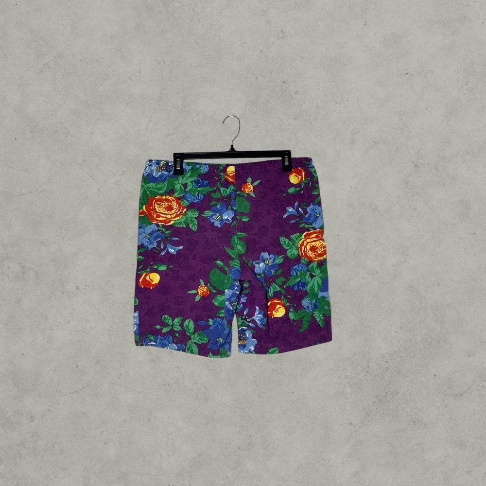 Mens Purple Floral Swim Trunks Blue Rose Print Drawstring Board Shorts Summer